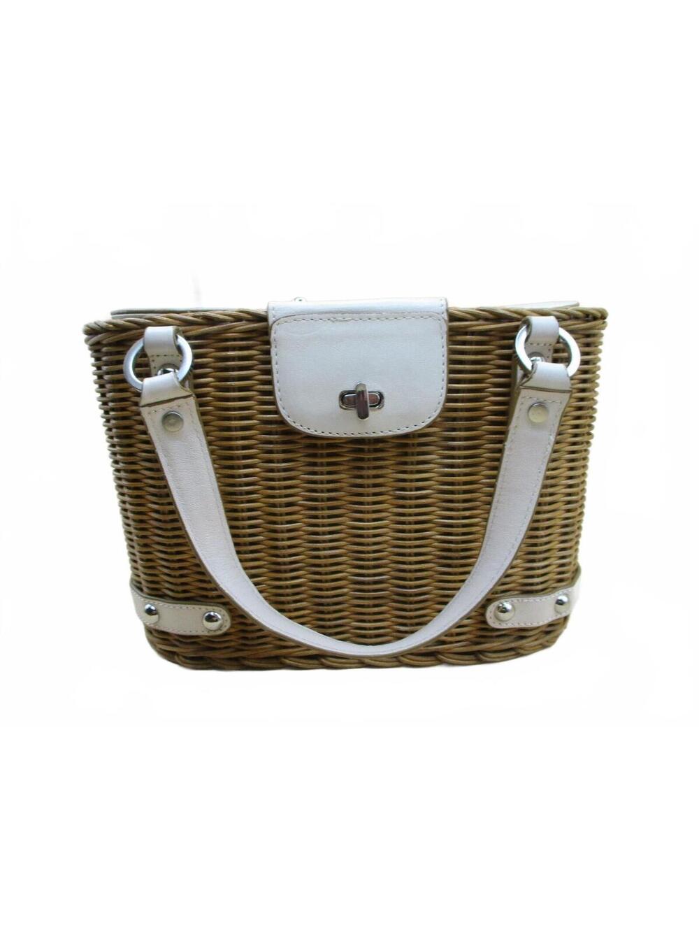 Monsac Vintage Wicker Basket Handbag White Leather Trim Straw Box Satchel
